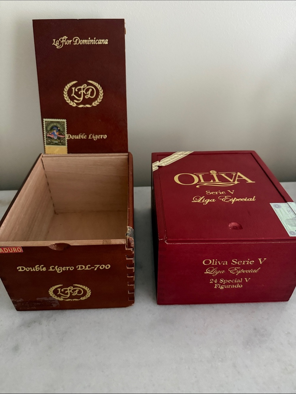 Oliva and Double Ligero empty wooden cigar boxes